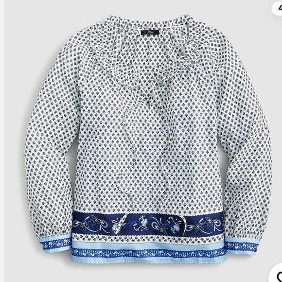 J. Crew Tops - J.Crew Tie-front Ruffle Top in Blue Ribbon Block Print Organic Cotton NWT Medium
